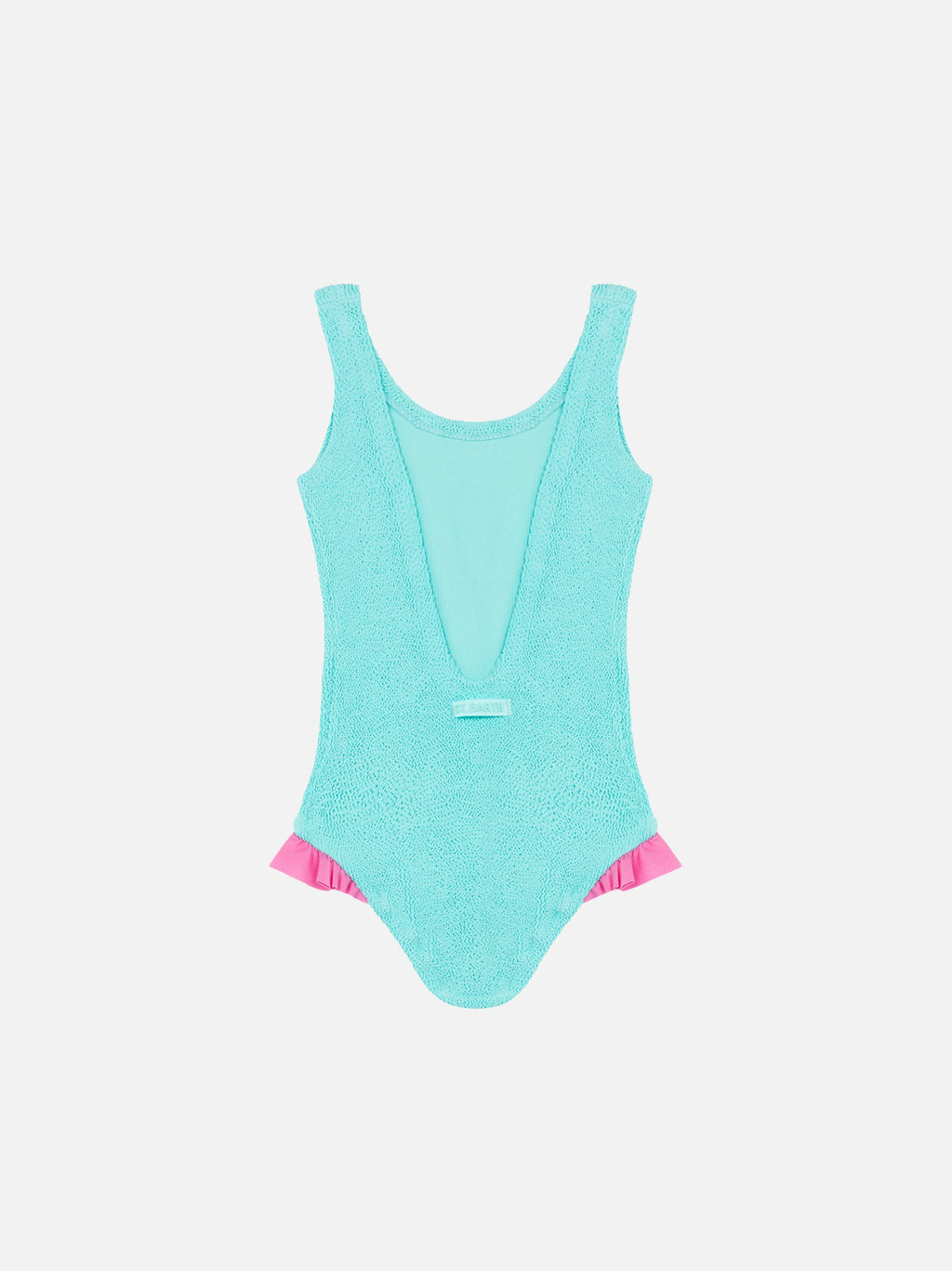 Costume intero Tiana verde acqua in tessuto crinkle con volant