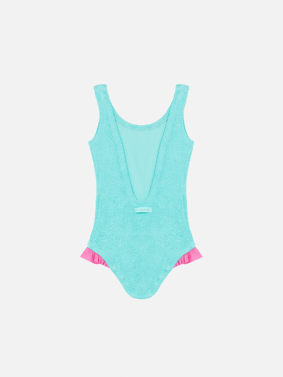 Costume intero Tiana verde acqua in tessuto crinkle con volant