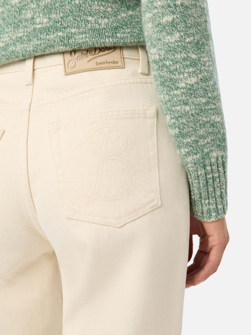 Pantaloni June off white in denim di cotone con ricamo logo