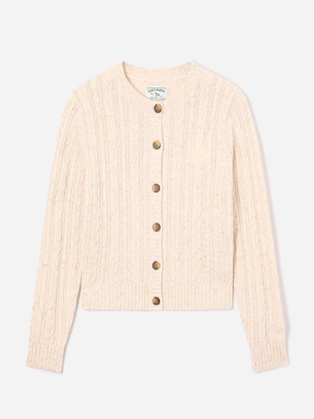 Cardigan Ursule grano in misto lana Donegal con punto trecce