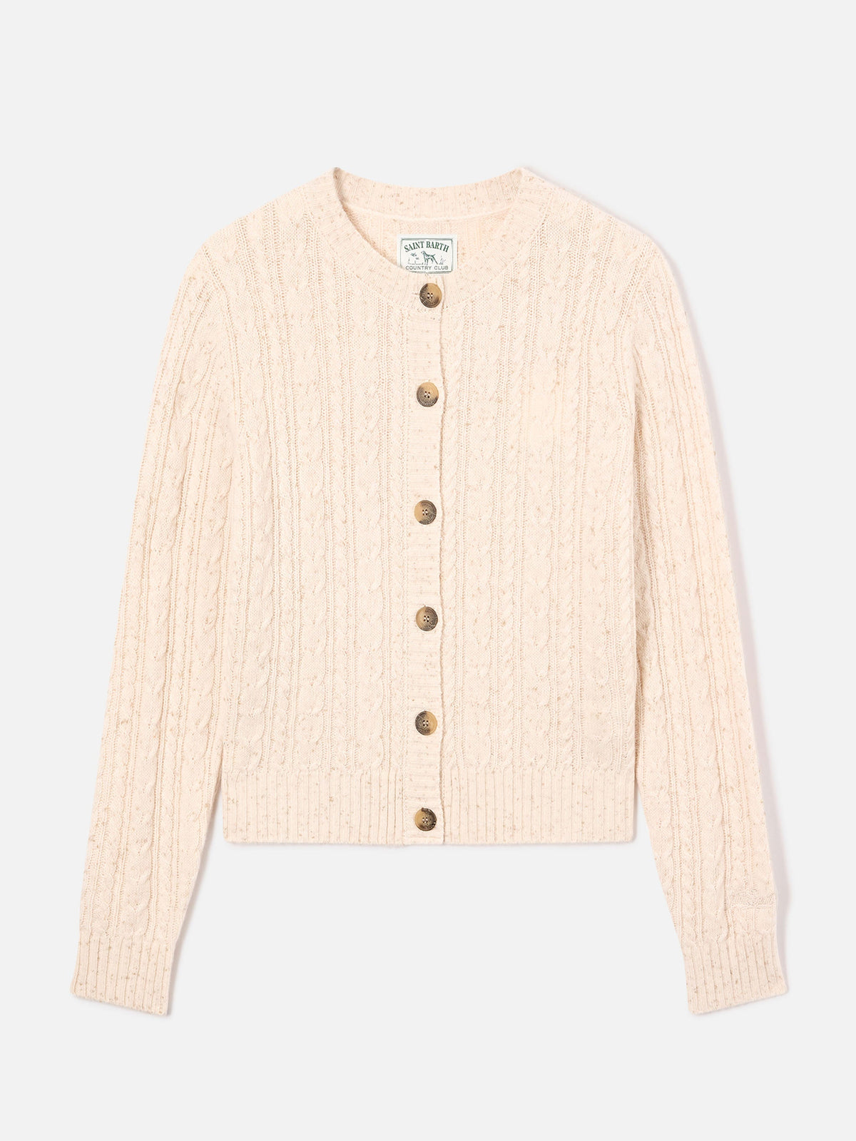 Cardigan Ursule grano in misto lana Donegal con punto trecce