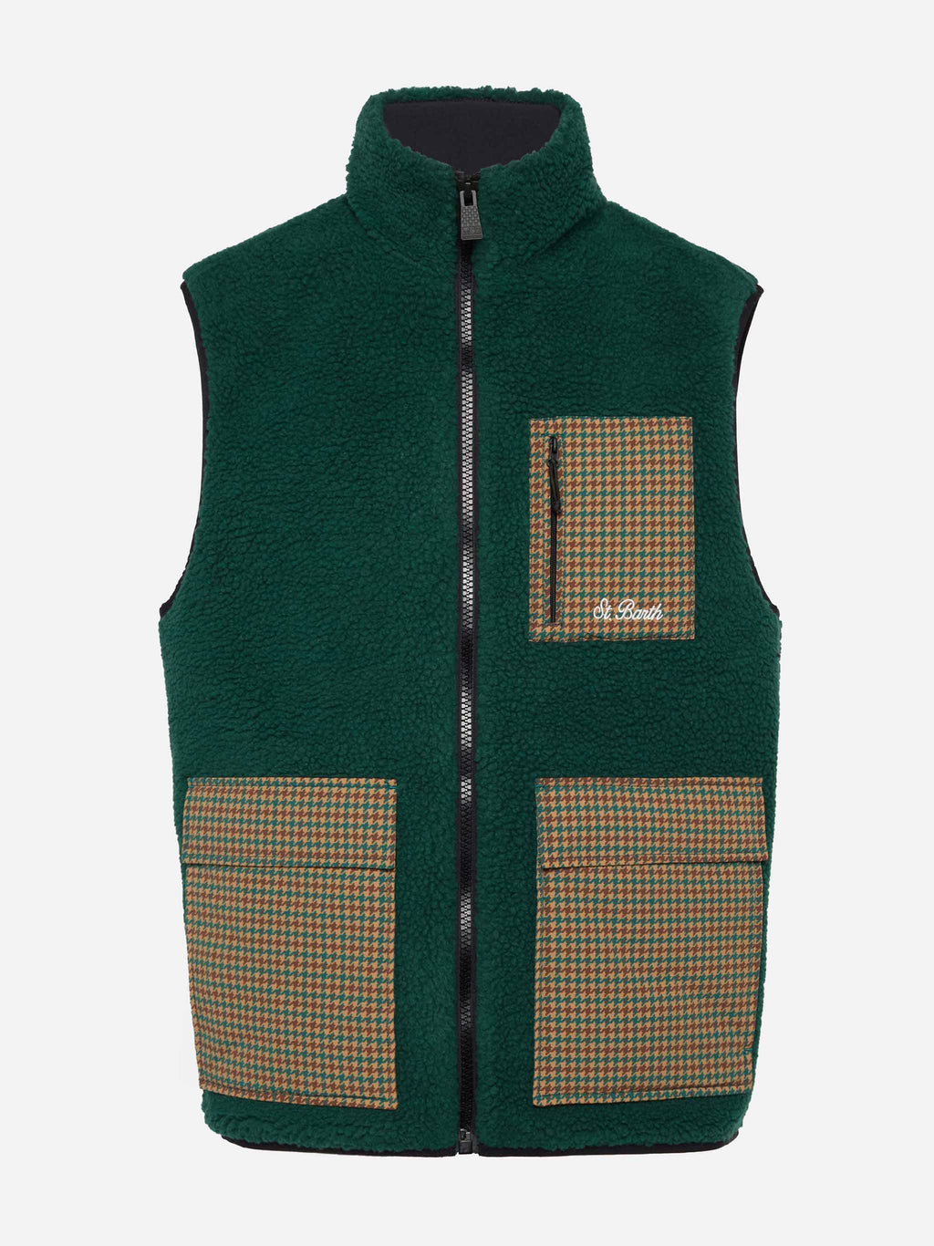 Gilet Wanaka verde scuro in sherpa con motivo pied de poule