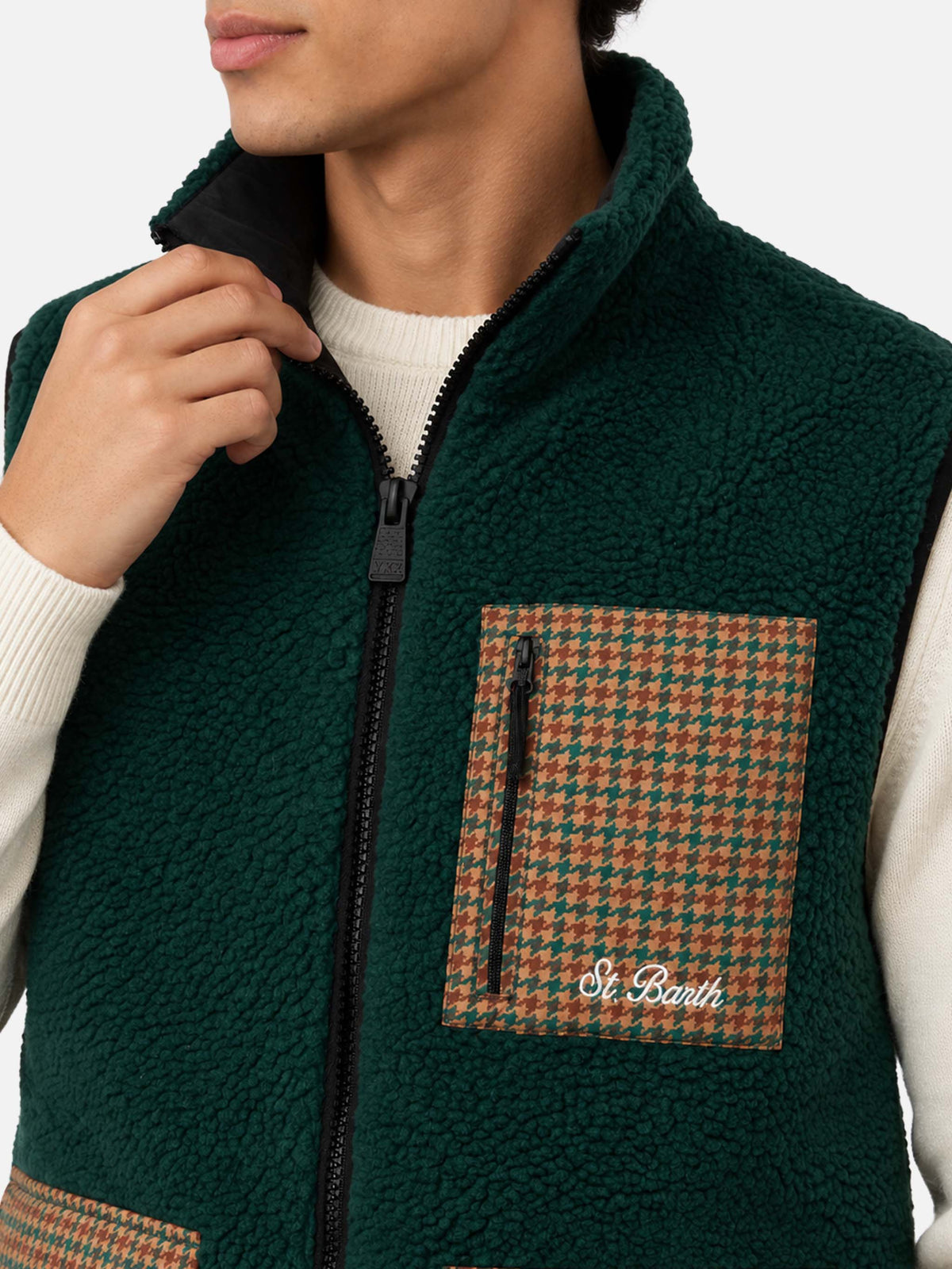 Gilet Wanaka verde scuro in sherpa con motivo pied de poule