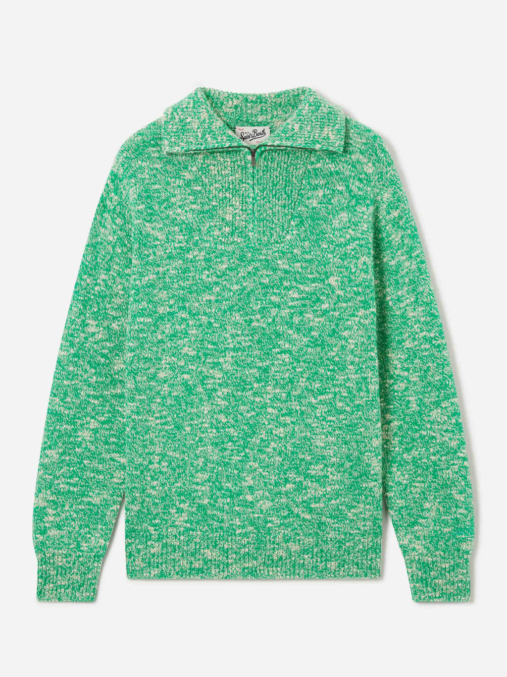 Maglia Wesley verde in lana con mezza zip e lavorazione mouliné