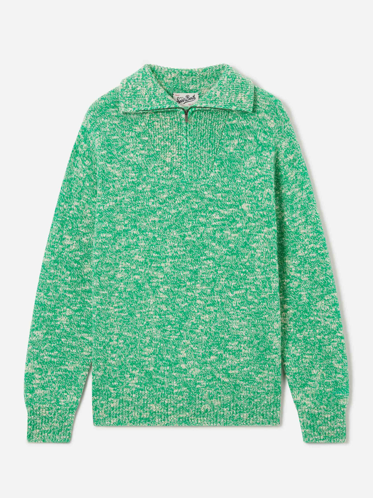 Maglia Wesley verde in lana con mezza zip e lavorazione mouliné